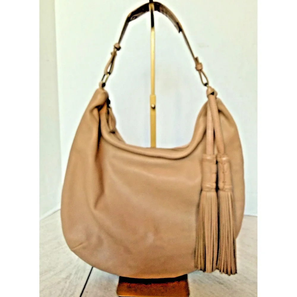 Lucky Brand Leather Hobo Shoulder Bag Tan Slouchy Tassel Boho Purse EST. 1990